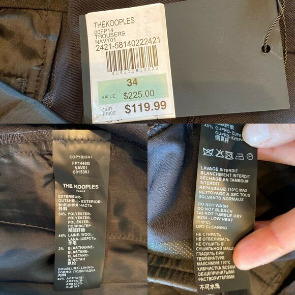 THE KOOPLES Stretch Trousers Pants Navy Blue Wool Straight Leg 34 US Small 2 NWT - Picture 3 of 6